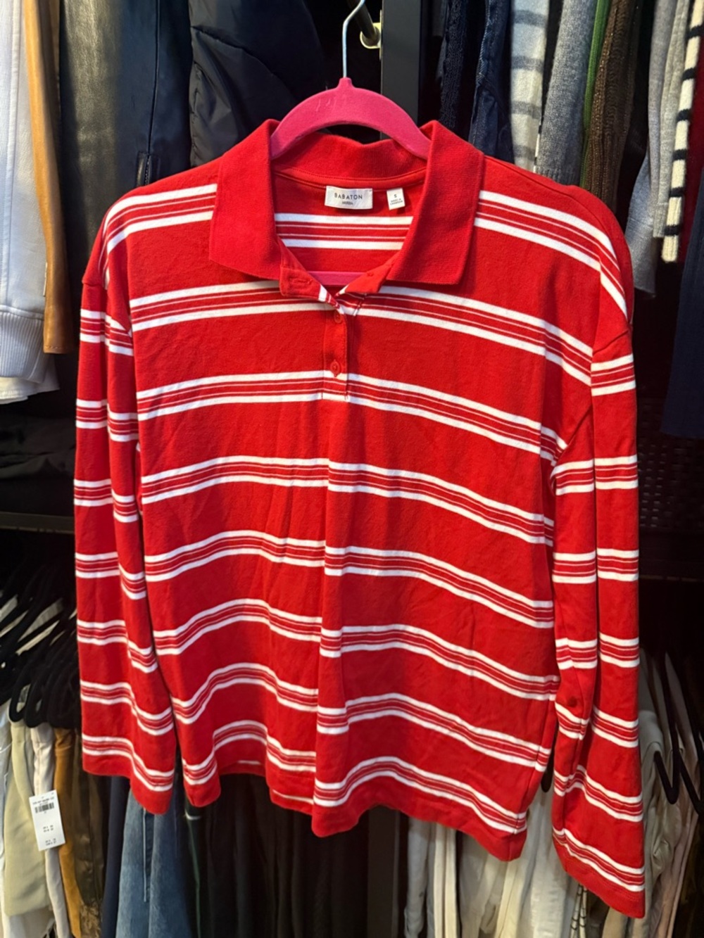 Babaton Red and White Striped Long-Sleeve Polo